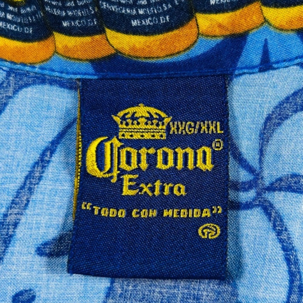 Corona Extra Mens XXL Blue Tropical Beer Bottle Print Rayon Button Up Shirt - Picture 7 of 8